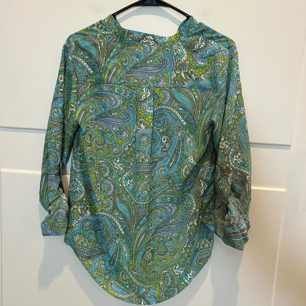 Michael Kors Turquoise Paisley‎ Print Roll Tab Sleeve Green Shirt XS MSRP $89